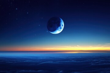 Poster - Vast night sky featuring a large blue moon over a tranquil horizon at twilight. Generative AI