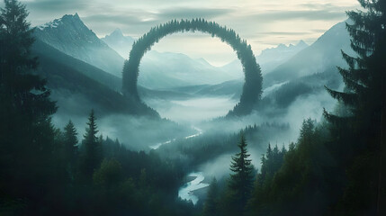 Wall Mural - A mystical scene of a ring of pine trees on a foggy mountainside, framing a dreamlike valley with softly glowing rivers and distant mountains.