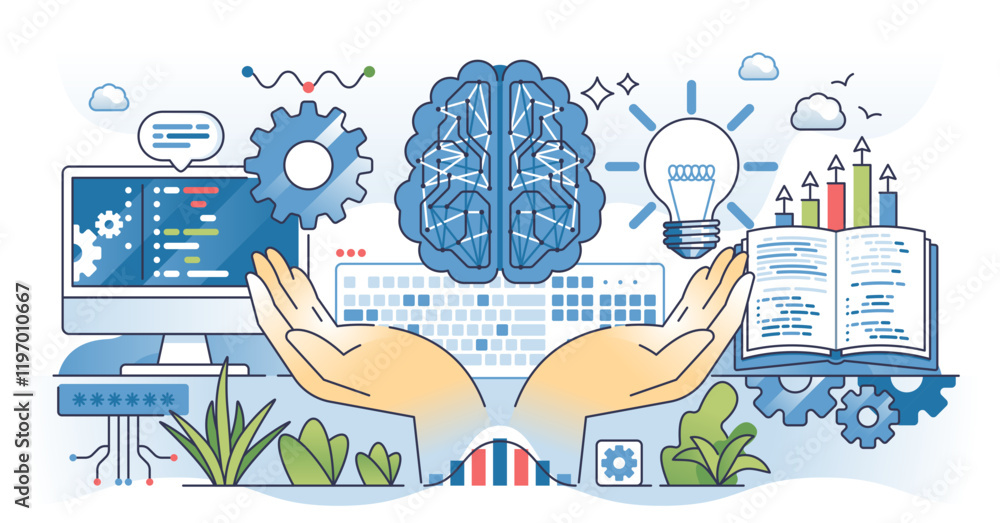 AI for beginners concept shows hands holding digital brain, computer ...