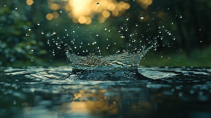 Fototapete - Water droplet splash crown in a puddle at sunset.