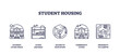© VectorMine - Student housing icons outline key aspects like living space, study areas, and campus proximity, transparent background. Outline icons set