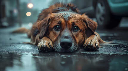 Wall Mural - Close-up of a hungry, abandoned dog, soaked from the rain, lying on a desolate street, highlighting the importance of animal welfare and rescue efforts