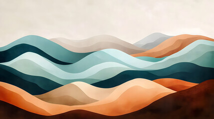 Wall Mural - Minimalist 3D mural of hills, muted color palette of brown, teal, orange, and cream, simple lines, light and soft background