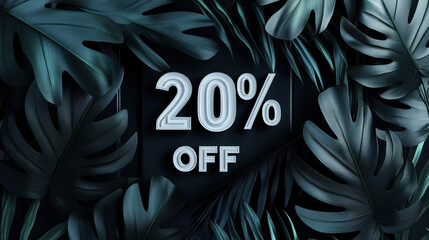 Wall Mural - 3d text 20% OFF made of white color on dark leaf background