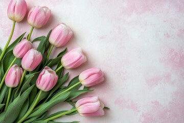 Wall Mural - Fresh pink tulips arranged on a light background with ample space for text and creative designs. Generative AI