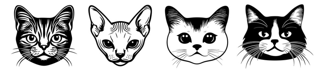 Wall Mural - PNG Illustrated cat faces, diverse breeds set, isolated on transparent background