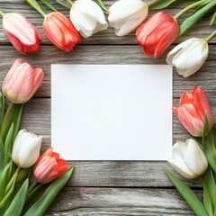Poster - Floral arrangement with copy space on wooden table for greeting or invitation design. Generative AI