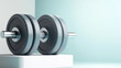 © Viktoriia - Modern fitness concept with gray dumbbells on a step platform for home exercise