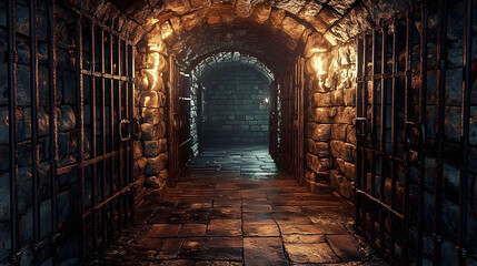 Wall Mural - high-detail 3d illustration of a medieval dungeon with carved stone walls, rusty iron bars, and eeri