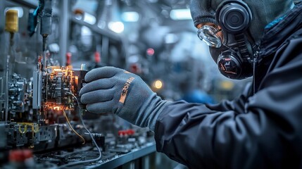 Poster - Industrial technician performing precision repairs in a high-tech facility safety equipment used focus on machinery