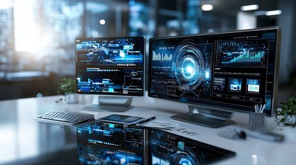 Leinwandbilder - Digital marketing strategies showcased on dual monitors in modern office environment