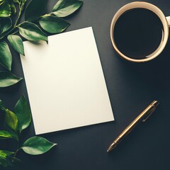 Poster - Stylish workspace with empty paper, coffee cup, and green foliage for creative ideas. Generative AI
