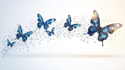 networked butterflies flying, abstract design, light background, tech concept
