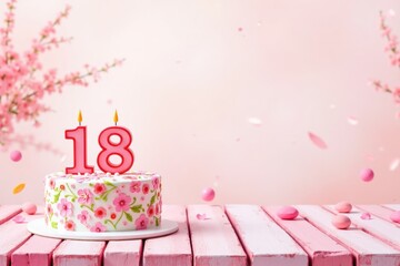 A pink-themed wooden table featuring a birthday cake with candles shaped like the number 18, surrounded by matching decorations. The soft pink color creates a warm and festive atmosphere