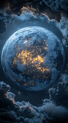 Wall Mural - a sweeping view of earth from space, showcasing the illuminated city lights and wispy clouds.