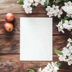 Poster - Decorative arrangement of blank paper surrounded by fresh apples and blossoms on wooden table. Generative AI