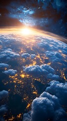 Wall Mural - a broad view of the earth as seen from space, featuring bright city lights and delicate cloud format