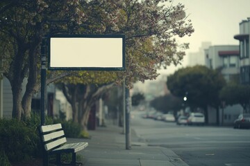 Poster - Blank advertising space on a city street beside an empty park bench surrounded by trees and buildings in early morning light. Generative AI