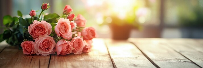 Fototapete - Beautiful bouquet of pink roses on a wooden table with natural light illuminating the background for text placement. Generative AI