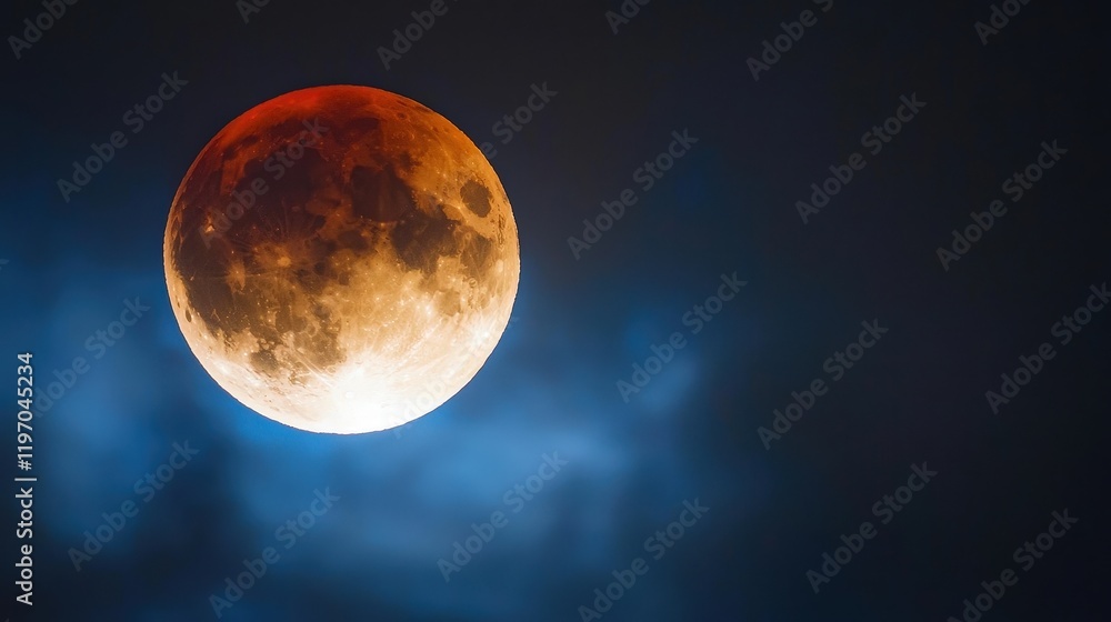 Blood moon glowing red during a lunar eclipse, set against a dark ...