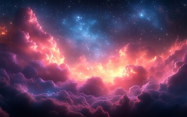 Wall Mural - Vibrant nebula above fiery cloudscape.