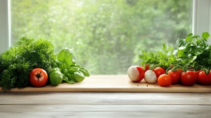Aufkleber - Fresh vegetables arranged on a wooden surface with a blurred green background suitable for text placement. Generative AI