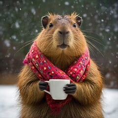 a capybara wearing a colorful scarf, holding a cup, in a snowy landscape.