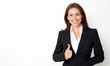 © Vasiliy - Business woman in black suit showing thumbs up with smile. Corporate success and leadership content