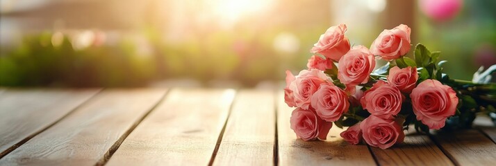 Aufkleber - Pink roses on wooden table with soft lighting creating a serene atmosphere for text placement. Generative AI