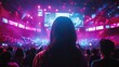© Philipp - Silhouette of a woman in an esports stadium illuminated by colorful lights and LED screens, with a crowd of fans and a dynamic atmosphere. Perfect for competitive gaming and digital culture themes.