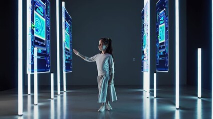 Aufkleber - Child interacts with interactive digital displays in a modern technology exhibit