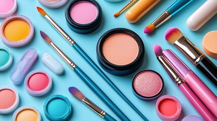 A vibrant assortment of makeup products and tools arranged on a blue background.