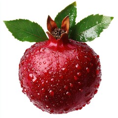 Wall Mural - Fresh Red Pomegranate with Water Droplets and Green Leaves