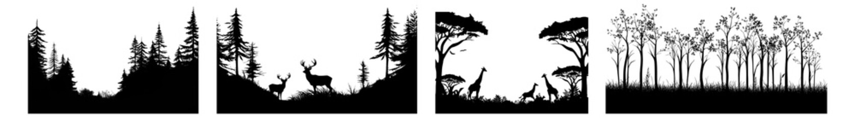  PNG Silhouette forest wildlife scenes, element set on transparent background