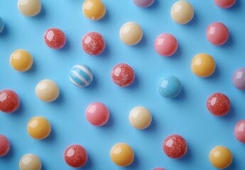 Wall Mural - Colorful Candy Spheres Spread Across a Bright Blue Background, Creating a Fun and Whimsical Atmosphere Ideal for Sweet Treats and Party Themes