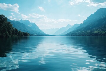 Aufkleber - Serene lake view surrounded by mountains under a clear sky with ample space for text placement and design. Generative AI