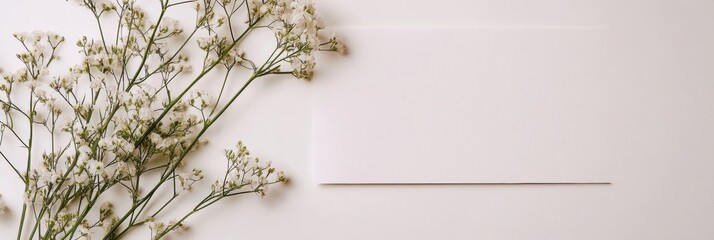 Poster - Blank card resting on a plain surface next to delicate white flowers for creative design projects. Generative AI