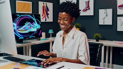 Fototapete - Creative designer working on digital art in a modern studio with vibrant elements and stylish decor
