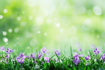 Poster - Natural landscape with blooming purple flowers in vibrant green grass, perfect for adding meaningful text or quotes. Generative AI