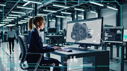 Leinwandbilder - Innovation in engineering showcases a woman designing industrial machinery in a modern workspace