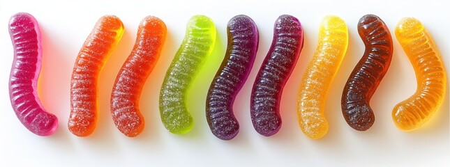 Wall Mural - Colorful Gummy Worms in a Row on White Background for Sweet Treats, Candy Themes, Party Favors, and Creative Dessert Designs