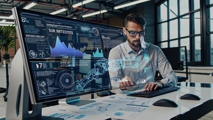 Leinwandbilder - Engineer collaborates with advanced technology in modern office setting. Futuristic VFX in hud fui styel.