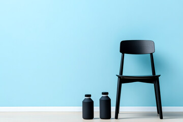 Wall Mural - A minimalist scene featuring a black chair beside two black bottles against a soft blue wall, creating a modern, stylish aesthetic.