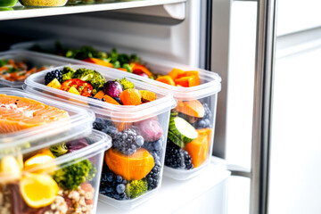 Wall Mural - A well-organized fridge showcases colorful containers filled with fresh fruits and vegetables, promoting healthy eating and meal prep.