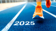 © FTN-STUDIO - A runner's foot in bright orange shoes strides on a blue track marked with the year 2025, symbolizing speed and future goals.