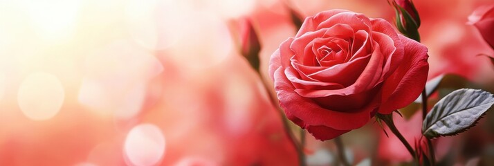 Poster - Beautiful pink rose blossom in a garden setting with soft blurred background for text placement. Generative AI