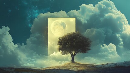 Leinwandbilder - Surreal landscape featuring a tree and a luminous moon framed by clouds at dusk. Generative AI