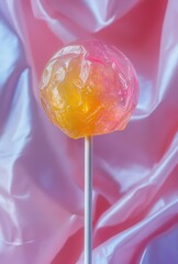 Wall Mural - Colorful Lollipop with Swirling Pink and Yellow Colors Against a Smooth Textured Background, Creating a Dreamy and Whimsical Atmosphere