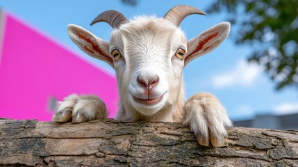 Curious goat peeking over log, pink building background, sunny day, farm animal portrait