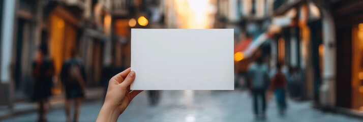 Fototapete - Blank card held in hand in a bustling street setting with blurred pedestrians and warm lighting. Generative AI